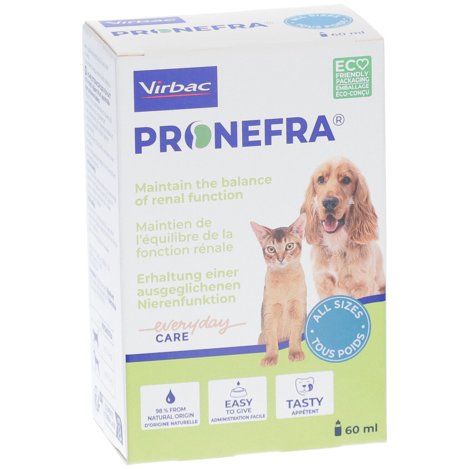 Boîte Pronefra avec chat et chien. Texte: Maintenir l'équilibre de la fonction rénale. 60 ml. Emballage recyclable.