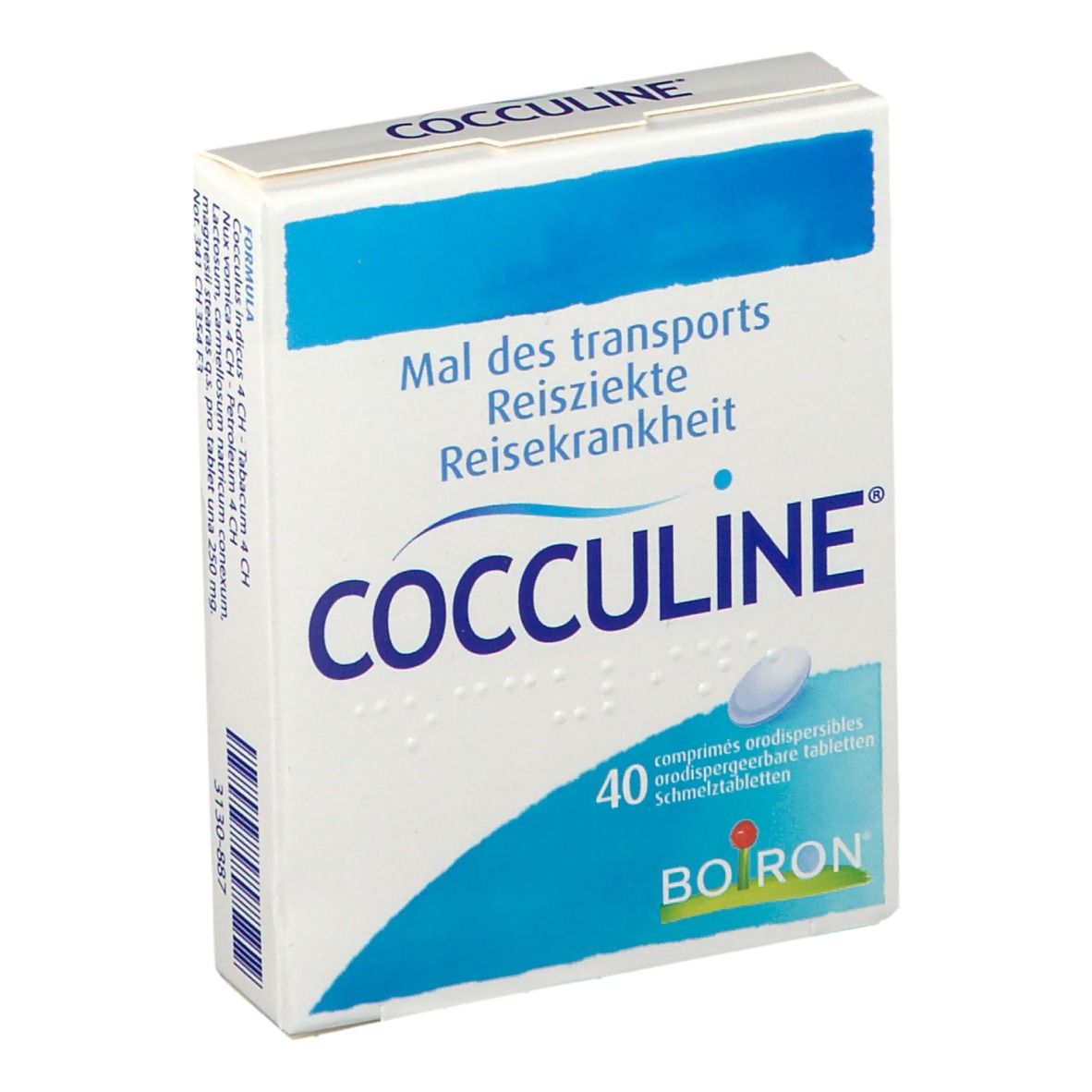 Doosje Cocculine tabletten. Opschrift: Mal des transports, Reisekrankheit. 40 tabletten. Merk Boiron.