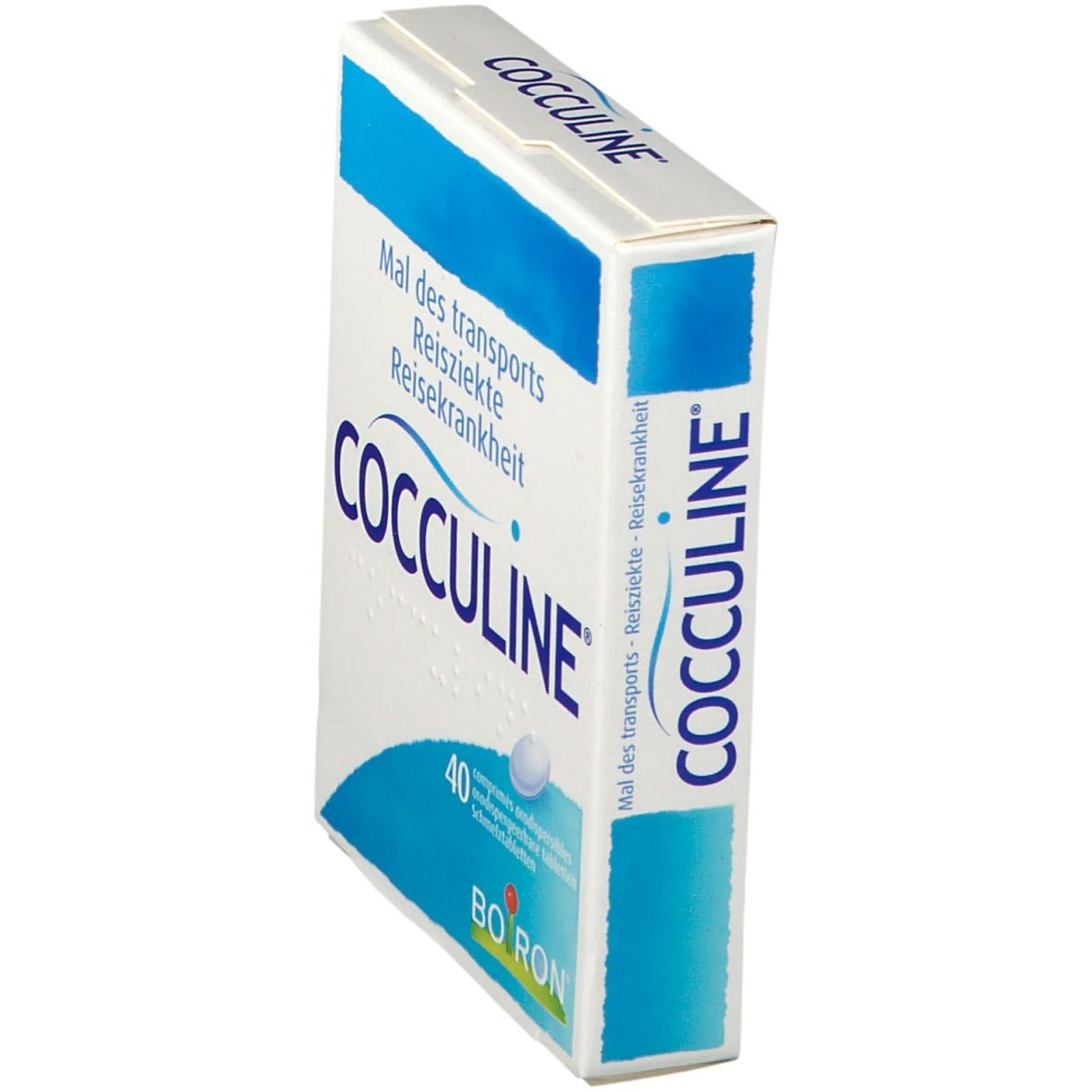 Schuin doosje Cocculine. Opschrift: Mal des transports, Reisekrankheit. 40 tabletten. Merk Boiron.