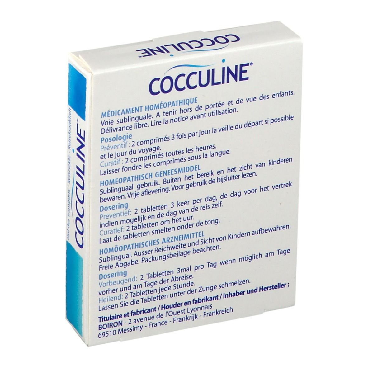 Achterkant Cocculine doosje. Tekst: gebruiksaanwijzing, dosering, ingrediënten. Adres fabrikant.