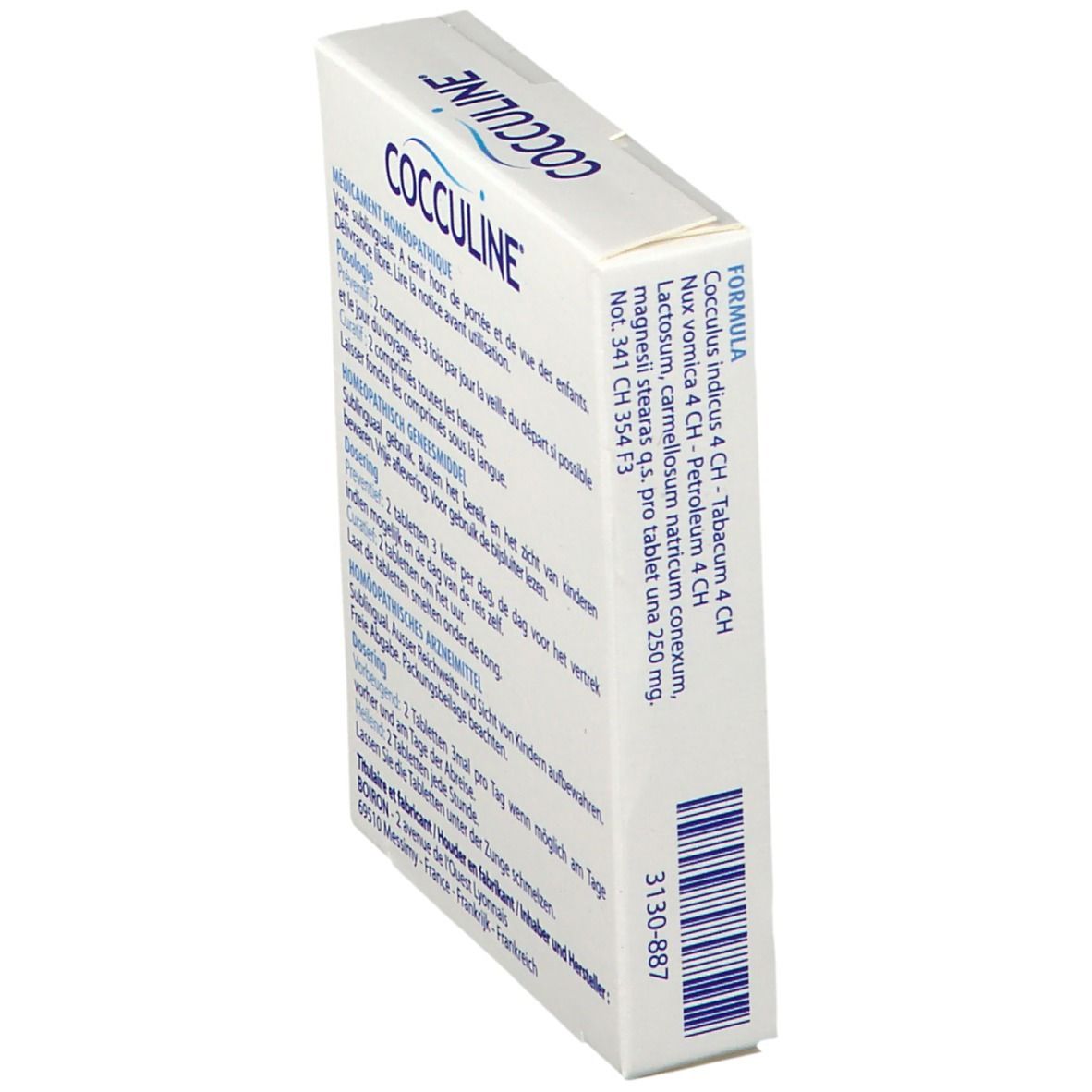 Zijkant Cocculine doosje. Tekst: ingrediënten, dosering, adres fabrikant, lotnummer.