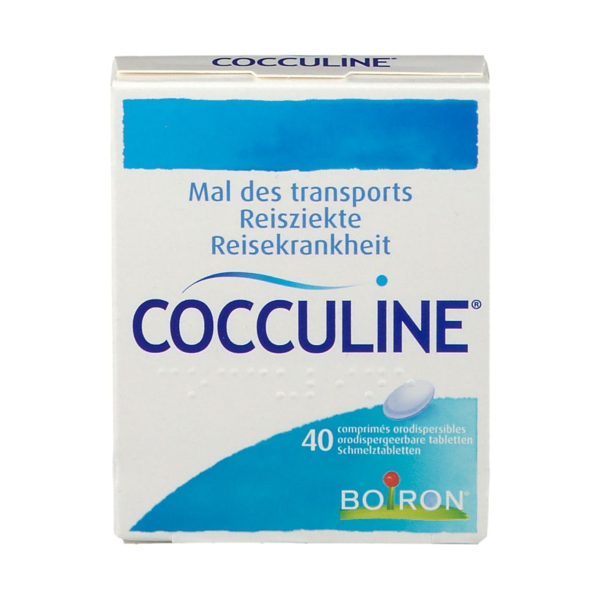 Voorkant Cocculine doosje. Opschrift: Mal des transports, Reisekrankheit. 40 tabletten. Merk Boiron.