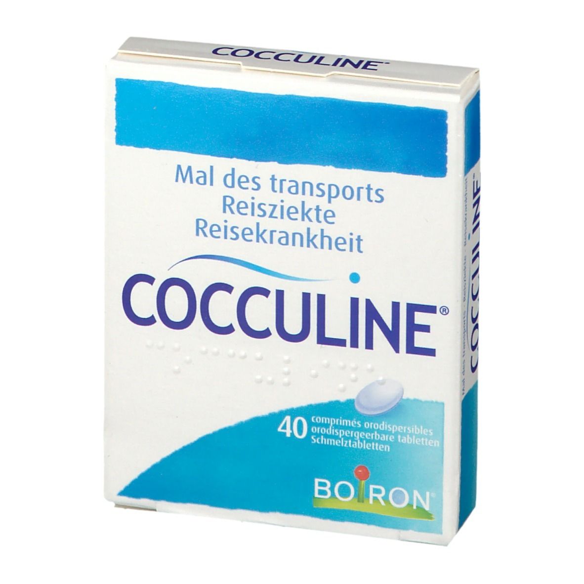 Voorkant Cocculine doosje. Opschrift: Mal des transports, Reisekrankheit. 40 tabletten. Merk Boiron.