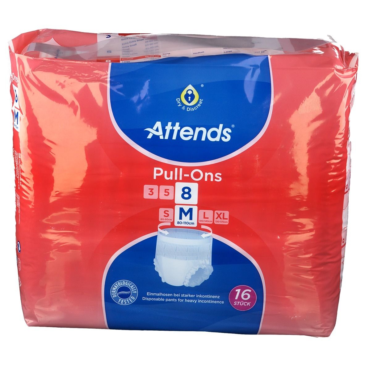 Attends Pull-Ons 8 Medium. Rode verpakking met productafbeelding. Maten: S, M, L, XL. 16 stuks. Logo: Dry & Discreet.