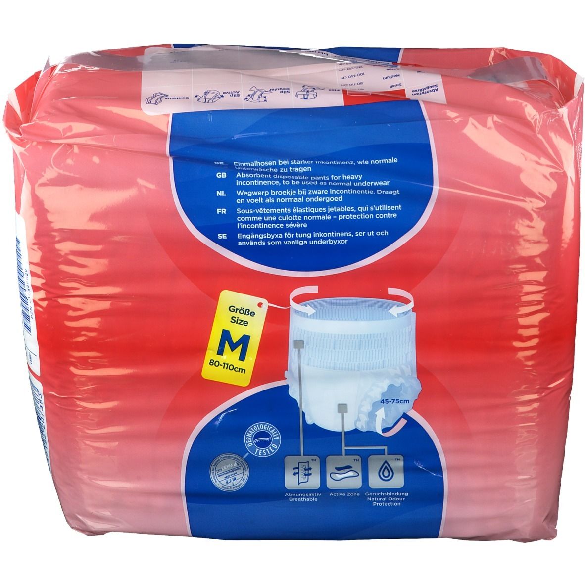 Attends Pull-Ons 8 Medium. Achterkant van de verpakking. Maat M (80-110cm). Productafbeelding. Tekst in meerdere talen.