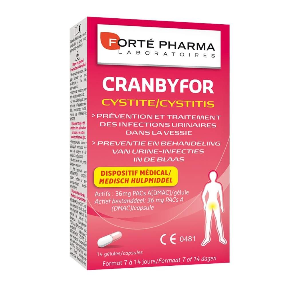 Boîte de CRANBYFOR, texte en français et néerlandais. Dispositif médical avec marquage CE. Contient des gélules.