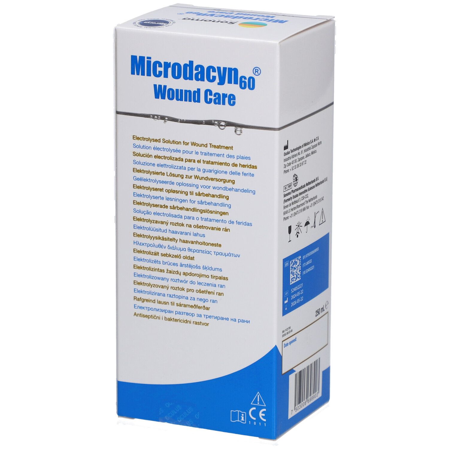 Doos Microdacyn60 Wound Care. Elektrolytische oplossing voor wondbehandeling. Meertalige tekst. CE-markering.