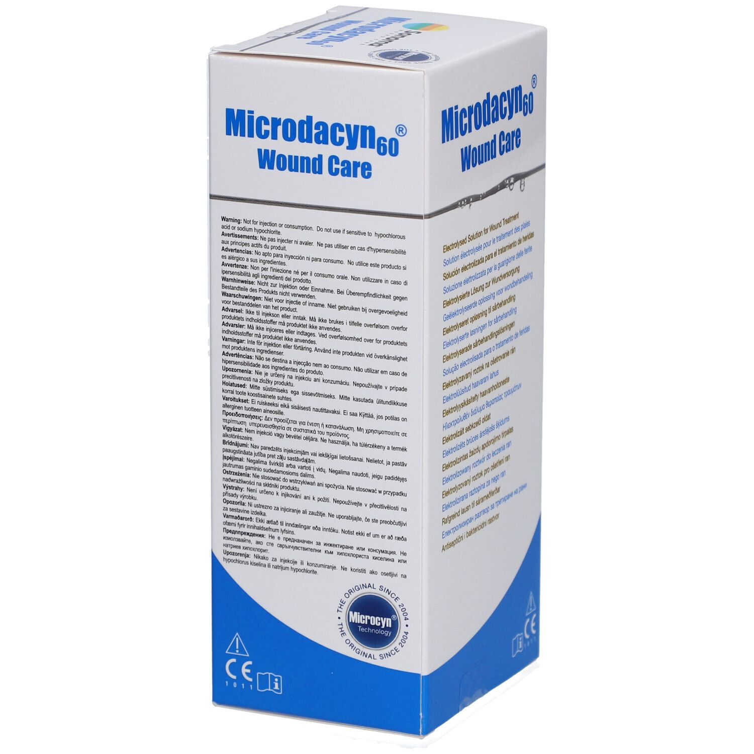 Verpakking Microdacyn60 Wound Care. Meertalige tekst. Waarschuwingen en CE-markering.
