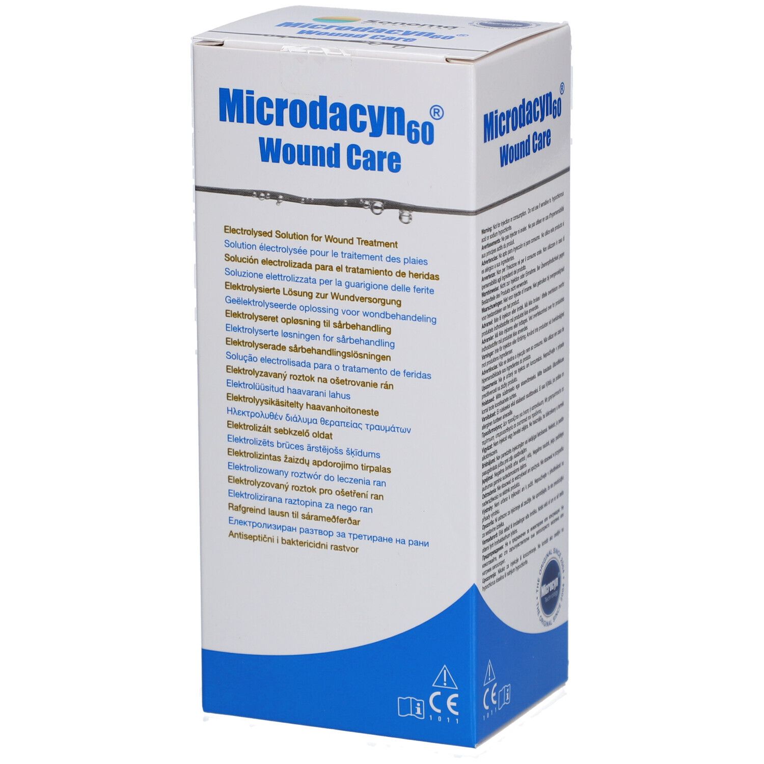 Verpakking Microdacyn60 Wound Care. Meertalige tekst. CE-markering.