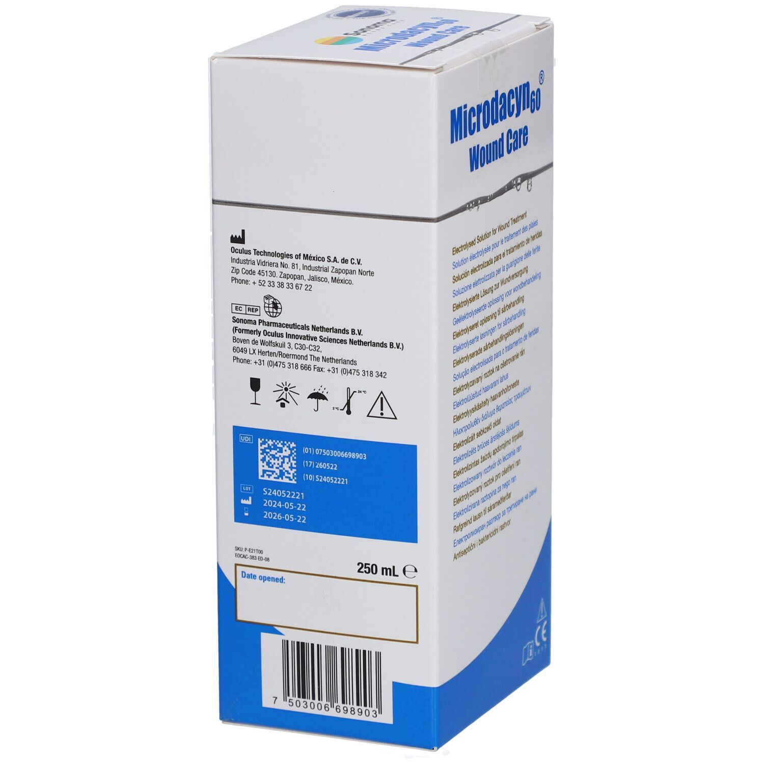 Verpakking Microdacyn60 Wound Care. Achterkant met info, QR-code, volume 250 ml.