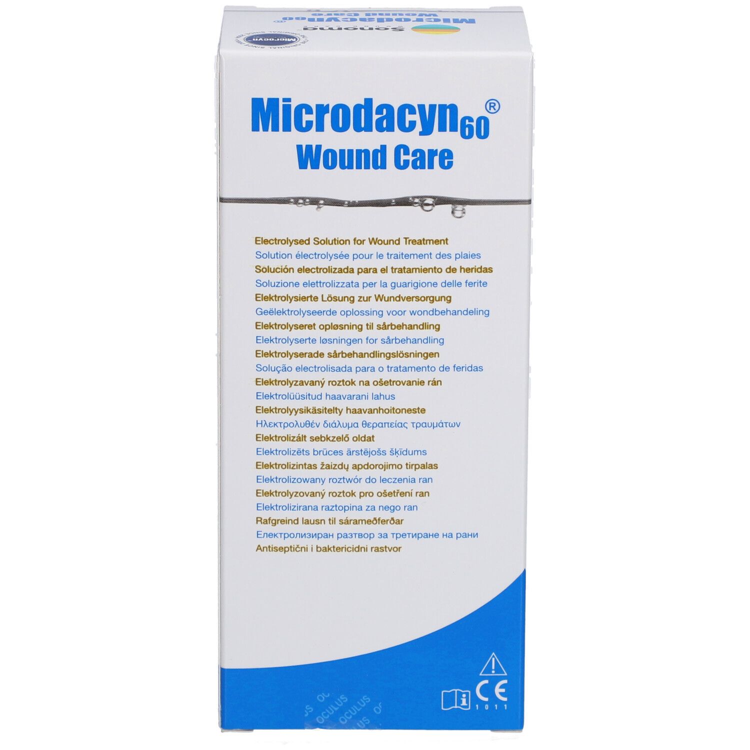 Verpakking Microdacyn60 Wound Care. Meertalige tekst. CE-markering.