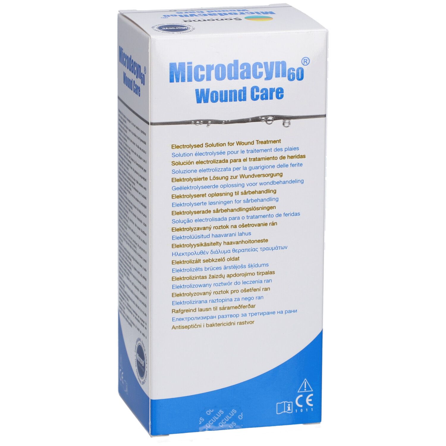 Verpakking Microdacyn60 Wound Care. Meertalige tekst. CE-markering.