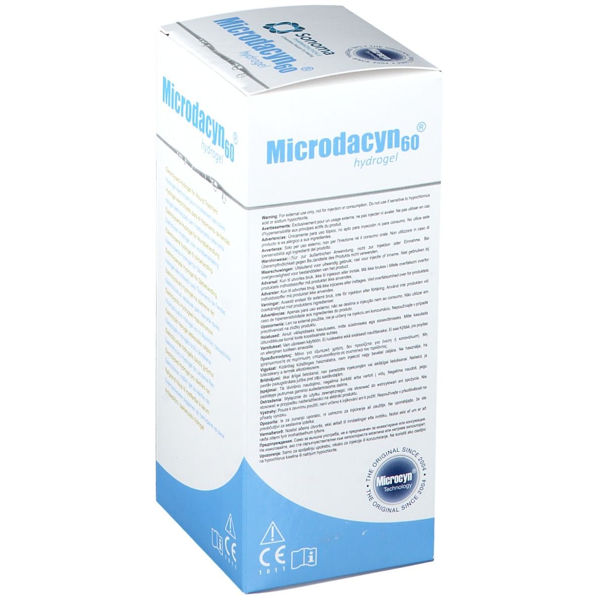 Weiß-blaue Verpackung von Microdacyn60® Hydrogel. Aufschrift: Elektrolytisches Hydrogel zur Wundbehandlung. Miracyt Technology Logo.