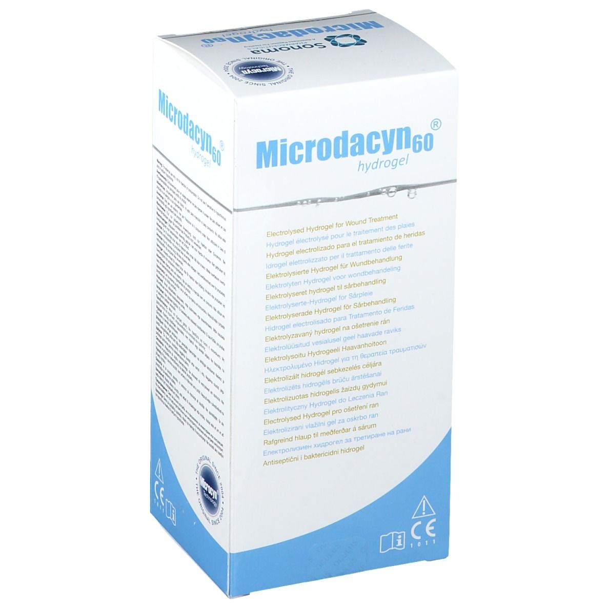 Weiß-blaue Verpackung von Microdacyn60® Hydrogel. Aufschrift: Elektrolytisches Hydrogel zur Wundbehandlung. CE-Kennzeichnung.