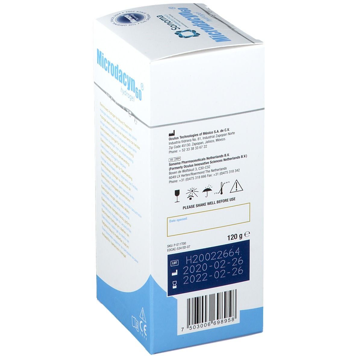 Weiß-blaue Verpackung von Microdacyn60® Hydrogel. Aufschrift: 120 g. Mindesthaltbarkeitsdatum. CE-Kennzeichnung.