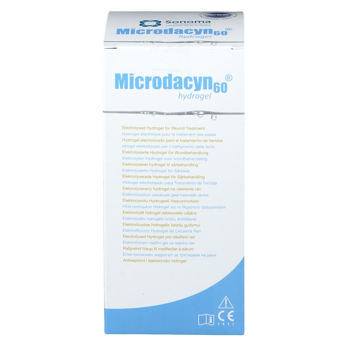 Weiß-blaue Verpackung von Microdacyn60® Hydrogel. Aufschrift: Elektrolytisches Hydrogel zur Wundbehandlung. CE-Kennzeichnung.