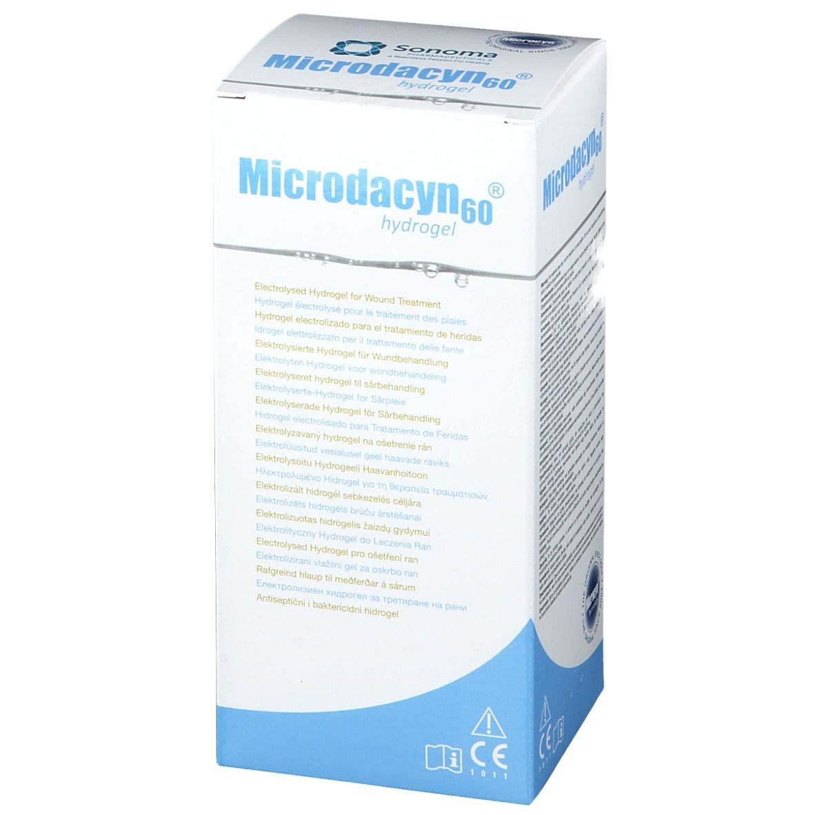 Weiß-blaue Verpackung von Microdacyn60® Hydrogel. Aufschrift: Elektrolytisches Hydrogel zur Wundbehandlung. CE-Kennzeichnung.