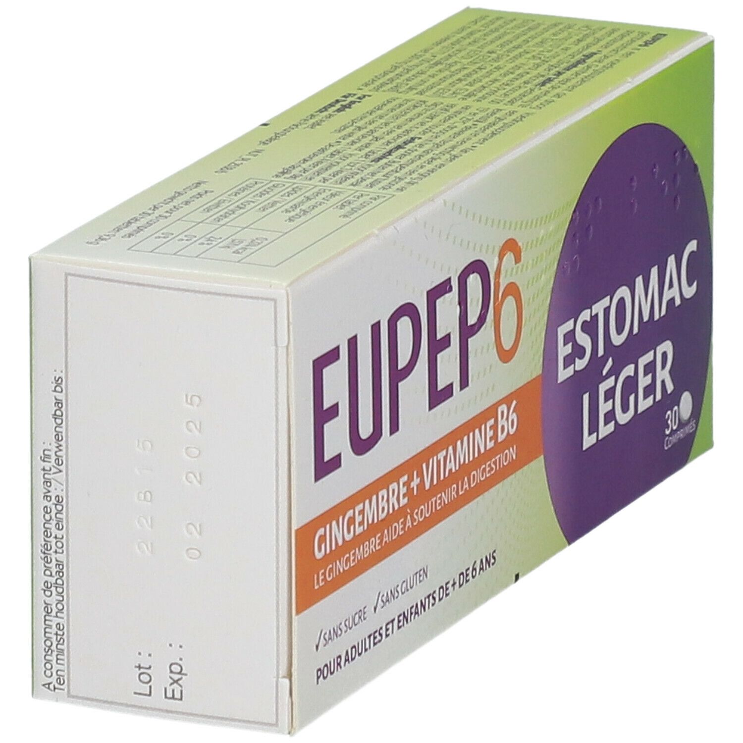 Schachtel Eupep 6, Seitenansicht. Aufschrift: Ingwer + Vitamin B6, 30 Tabletten. Grün, orange, weiß und lila.