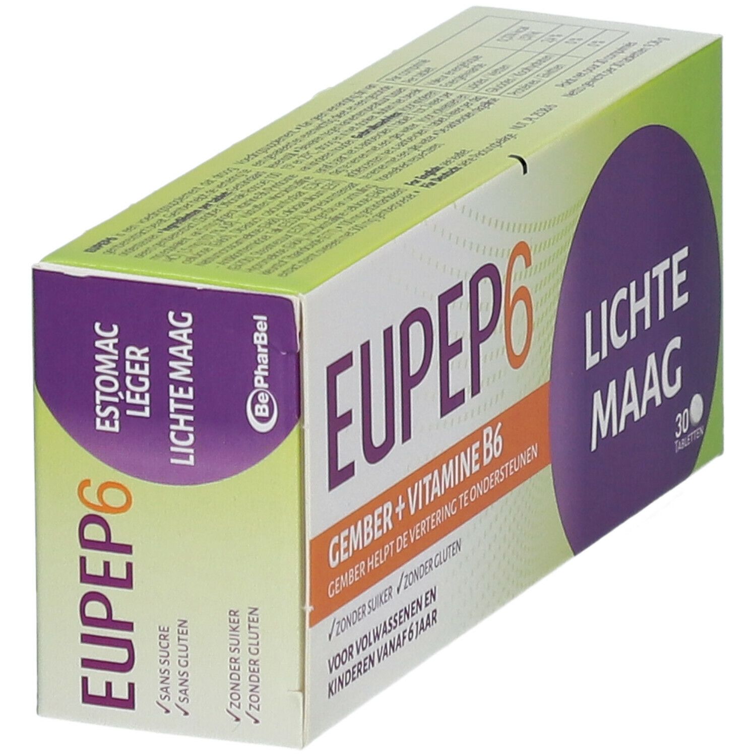 Schachtel Eupep 6, schräg. Aufschrift: Ingwer + Vitamin B6, 30 Tabletten. Grün, orange, weiß und lila.