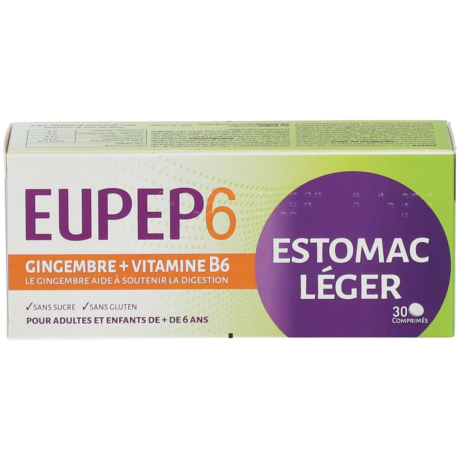 Schachtel Eupep 6. Aufschrift: Ingwer + Vitamin B6, 30 Tabletten. Grün, orange, weiß und lila.