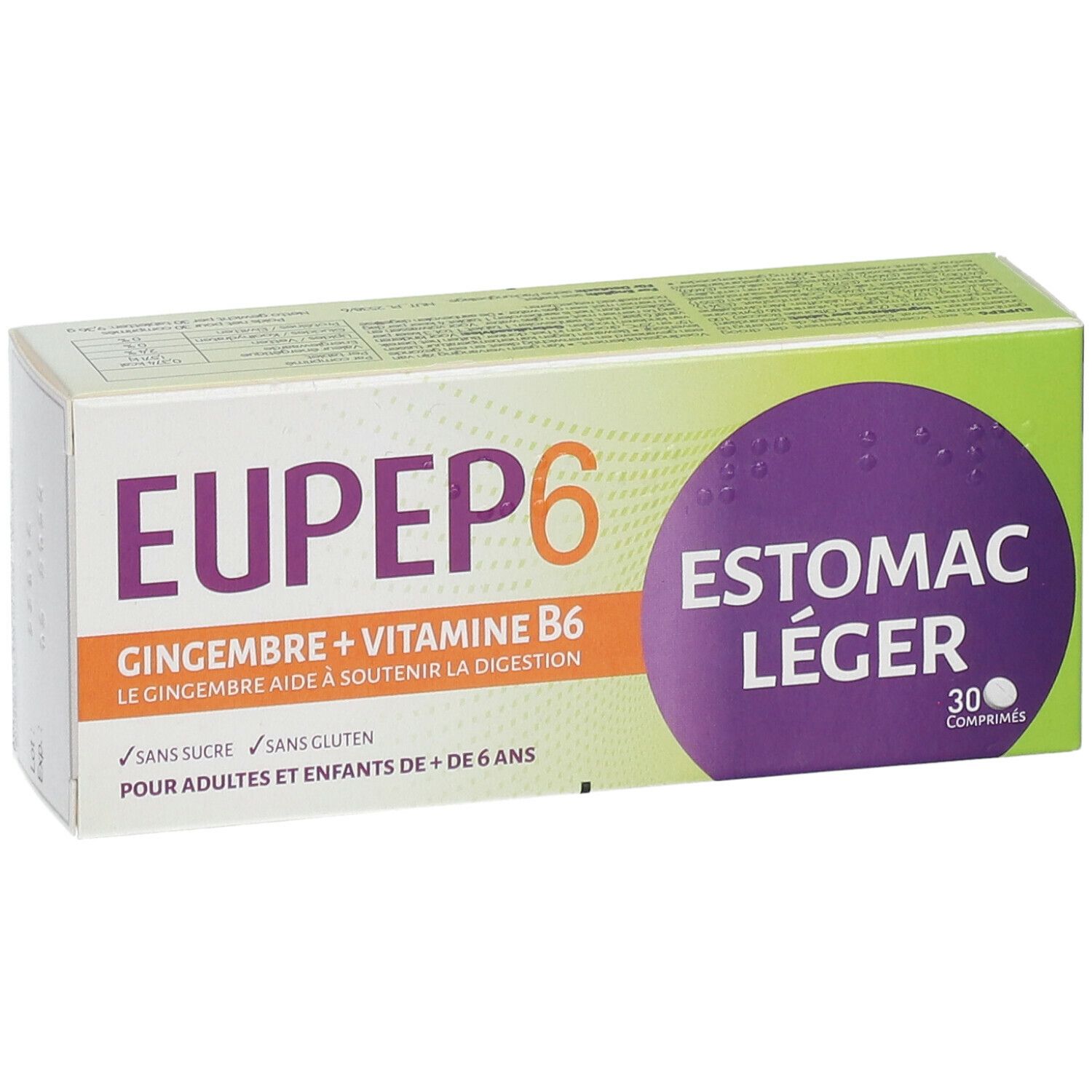 Schachtel Eupep 6. Aufschrift: Ingwer + Vitamin B6, 30 Tabletten. Grün, orange, weiß und lila.