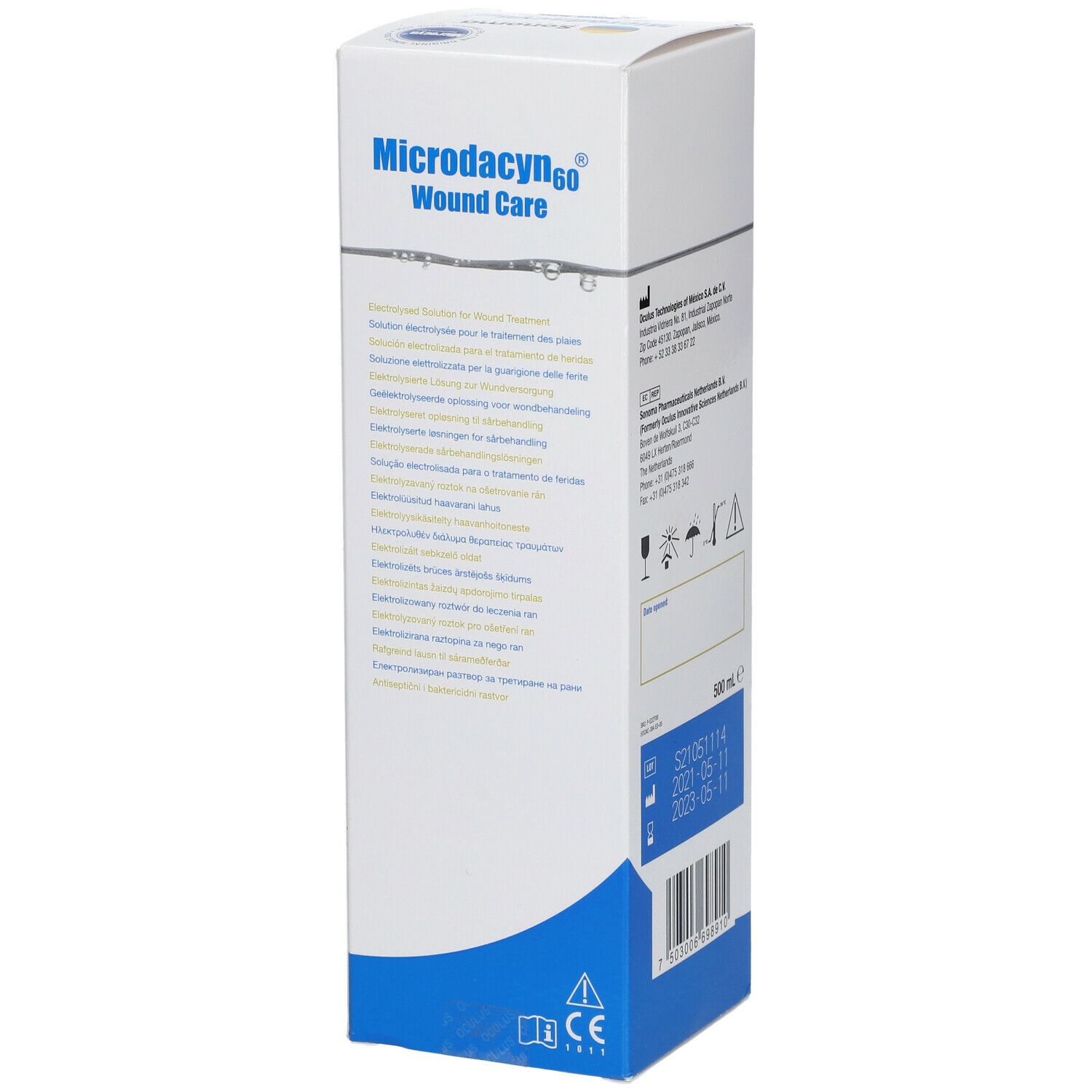 Weiße Verpackung mit Produktnamen Microdacyn60 Wundpflege. Text in mehreren Sprachen. CE-Zeichen.