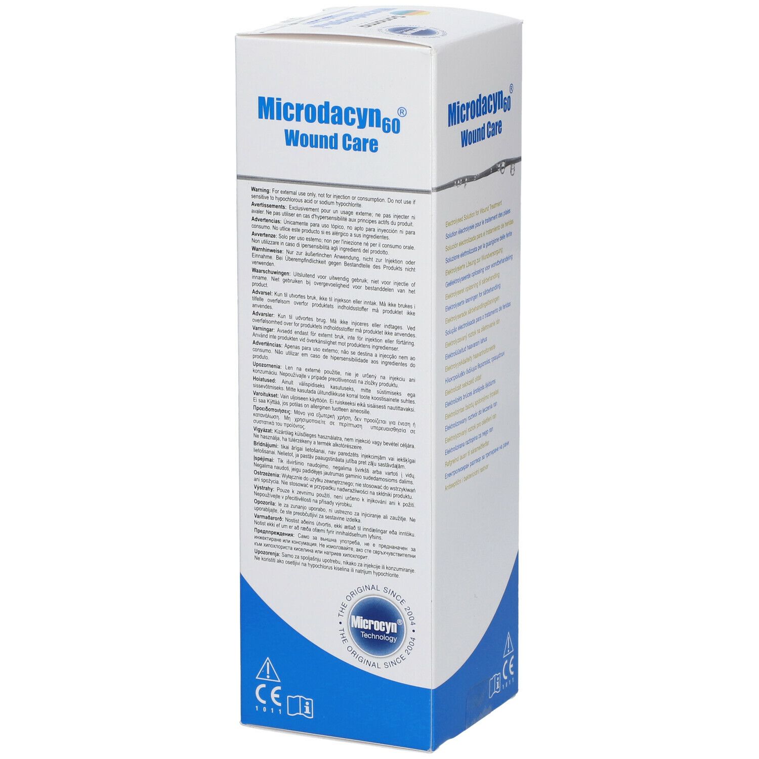 Weiße Verpackung mit Produktnamen Microdacyn60 Wundpflege. Text in mehreren Sprachen. CE-Zeichen.