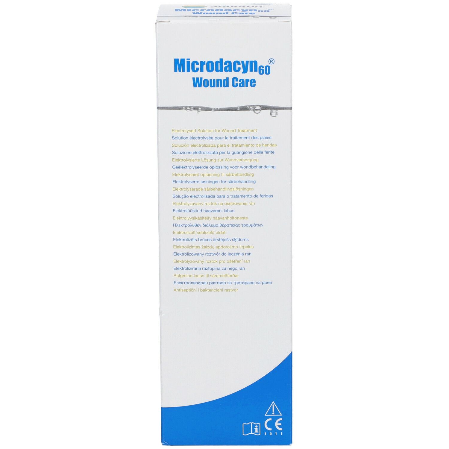 Weiße Verpackung mit Produktnamen Microdacyn60 Wundpflege. Text in mehreren Sprachen. CE-Zeichen.
