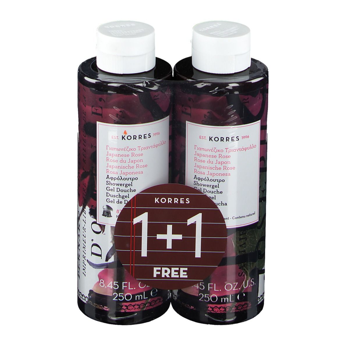 Deux gels douche KORRES, offre 1+1 gratuit. Bouchons blancs, flacons noirs avec étiquettes.
