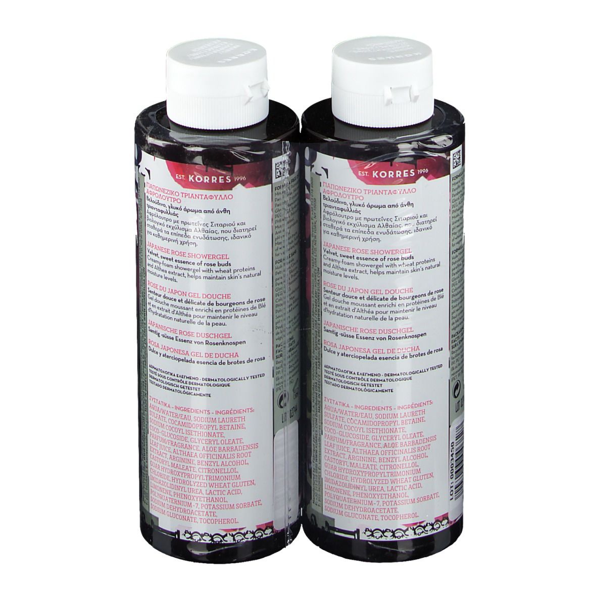 Deux flacons de gel douche KORRES, vue arrière. Flacons noirs avec bouchons blancs et étiquettes.