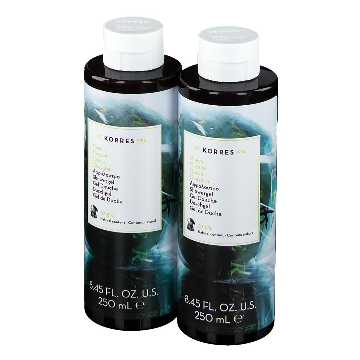 Deux flacons de gel douche avec bouchons blancs. Inscription: KORRES, Guava, Showergel, 8.45 FL. OZ. U.S. 250 ml.