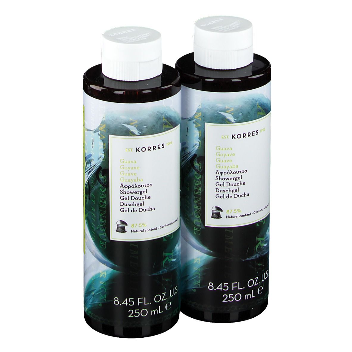 Deux flacons de gel douche avec bouchons blancs. Inscription: KORRES, Guava, Showergel, 8.45 FL. OZ. U.S. 250 ml.