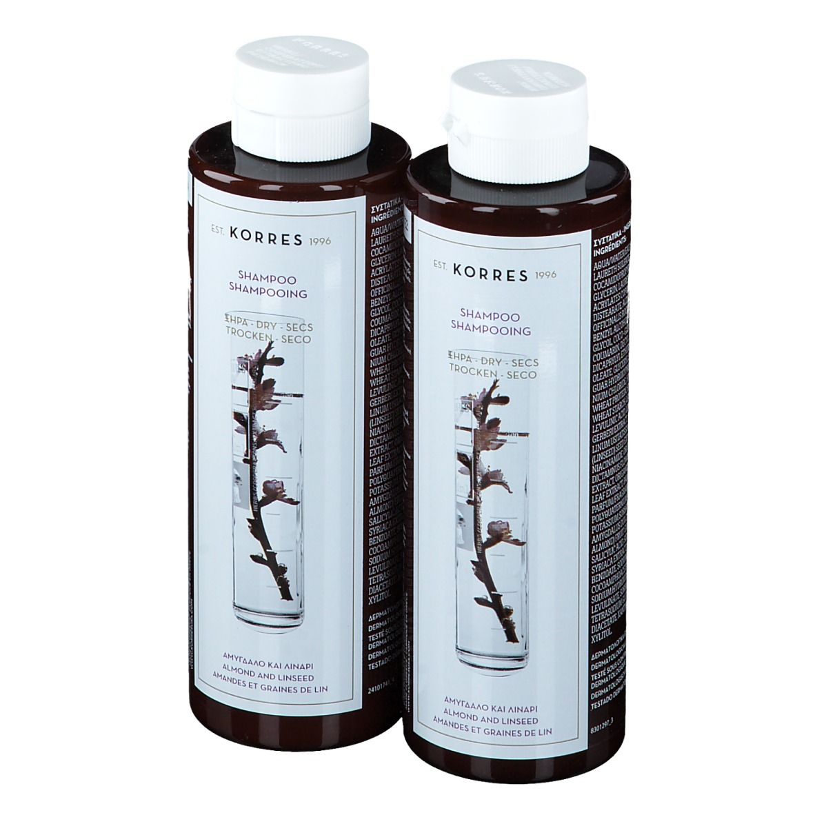 Deux flacons de shampooing bruns avec bouchons blancs. Étiquettes avec informations et logo.