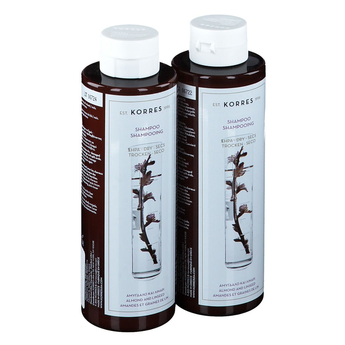 Deux flacons de shampooing bruns avec bouchons blancs. Étiquettes avec informations et logo.
