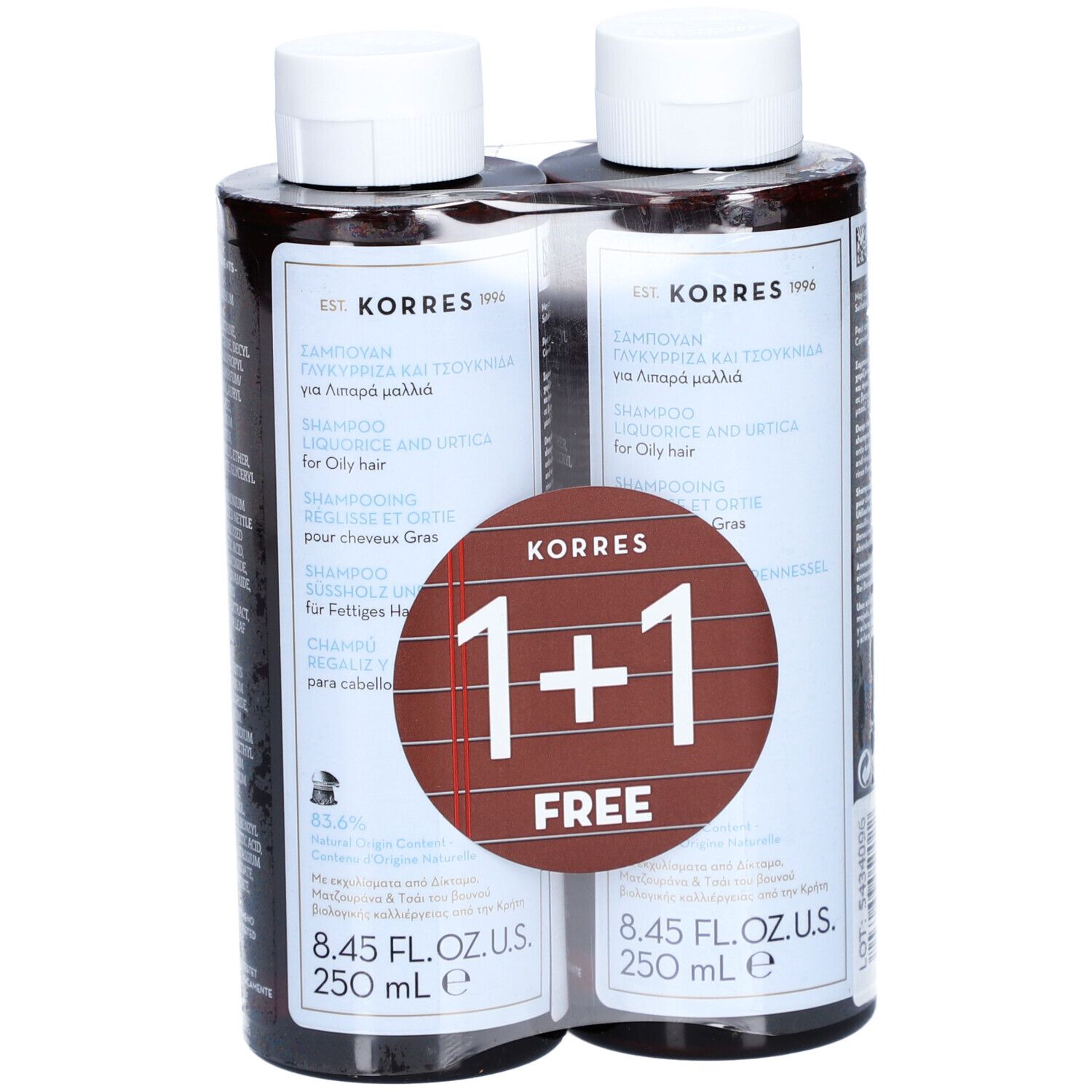 Zwei Shampoo-Flaschen, braune Flüssigkeit, weiße Kappen. Aufkleber mit "1+1 FREE". Text: KORRES, Shampoo für fettiges Haar.