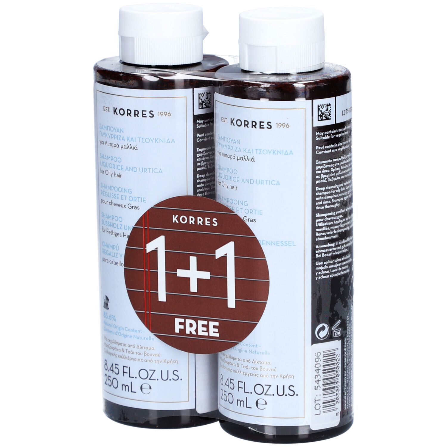 Zwei Shampoo-Flaschen, braune Flüssigkeit, weiße Kappen. Aufkleber mit "1+1 FREE". Text: KORRES, Shampoo für fettiges Haar.