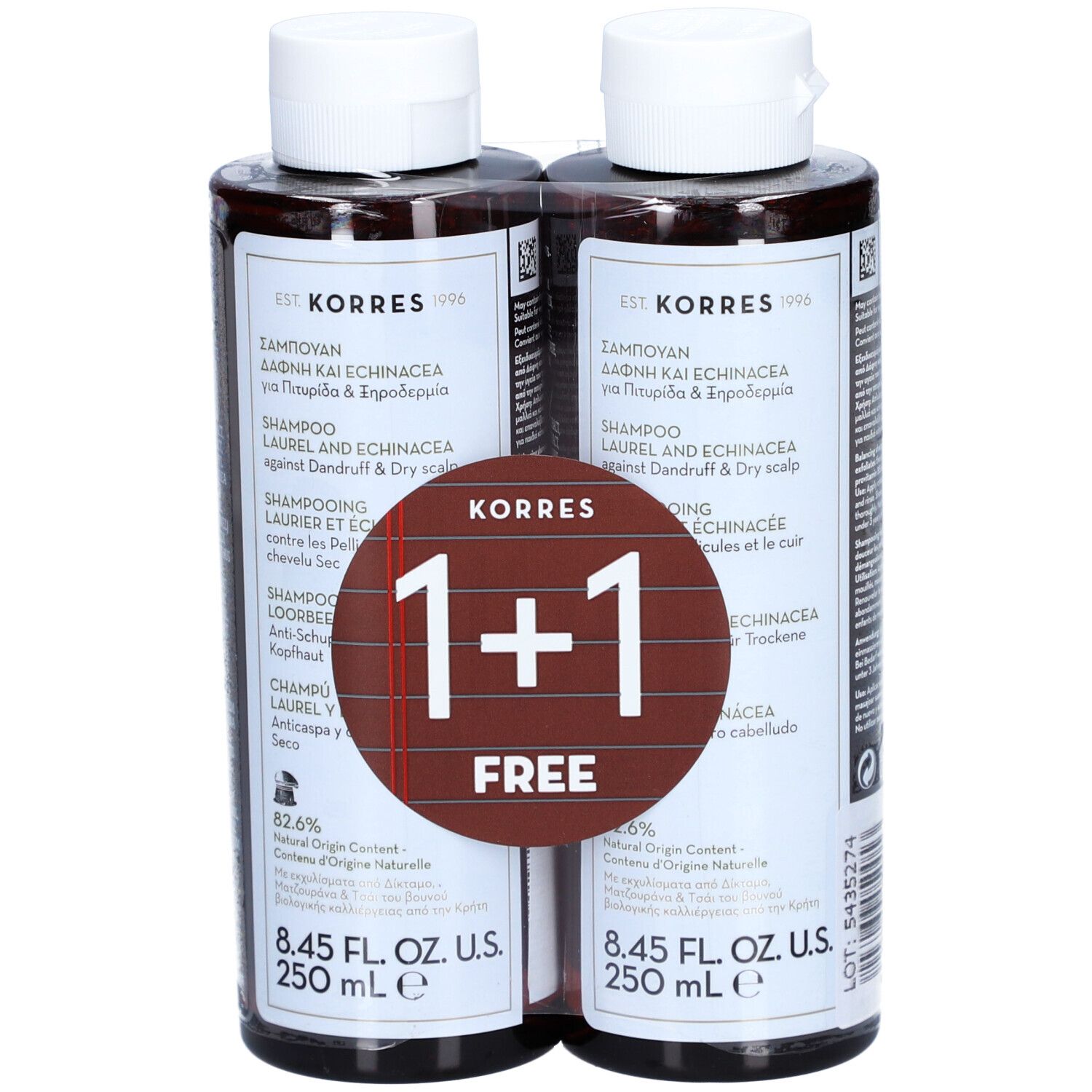 Deux flacons de shampooing marron avec bouchons blancs. Étiquettes avec informations produit et offre "1+1 GRATUIT".
