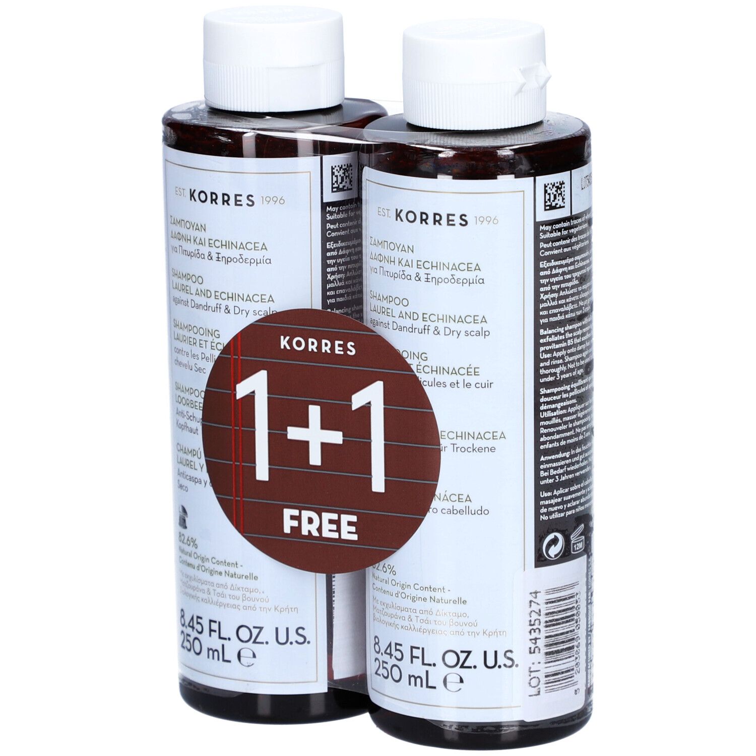 Deux flacons de shampooing marron avec bouchons blancs. Étiquettes avec informations produit et offre "1+1 GRATUIT".