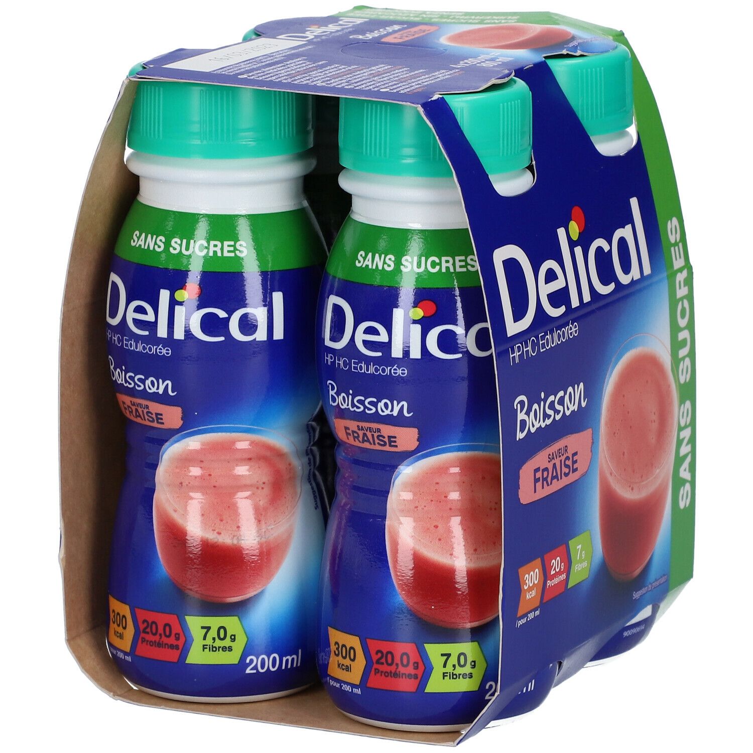 Verpakking van twee flessen Delical HP-HC Edulcorée Fraise. Blauwe flessen, groene doppen. Opschrift: 'Sans Sucres'.
