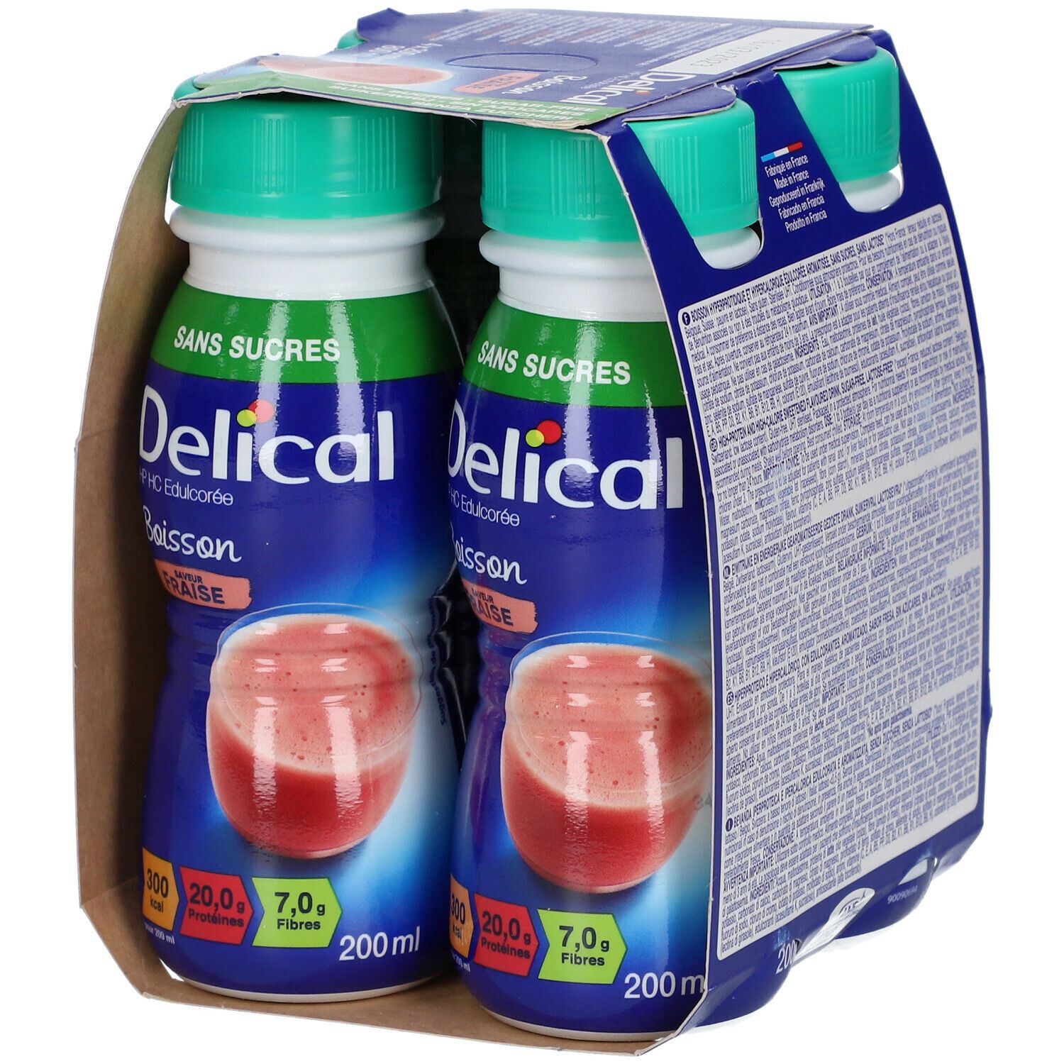 Verpakking van twee flessen Delical HP-HC Edulcorée Fraise. Blauwe flessen, groene doppen. Opschrift: 'Sans Sucres'.
