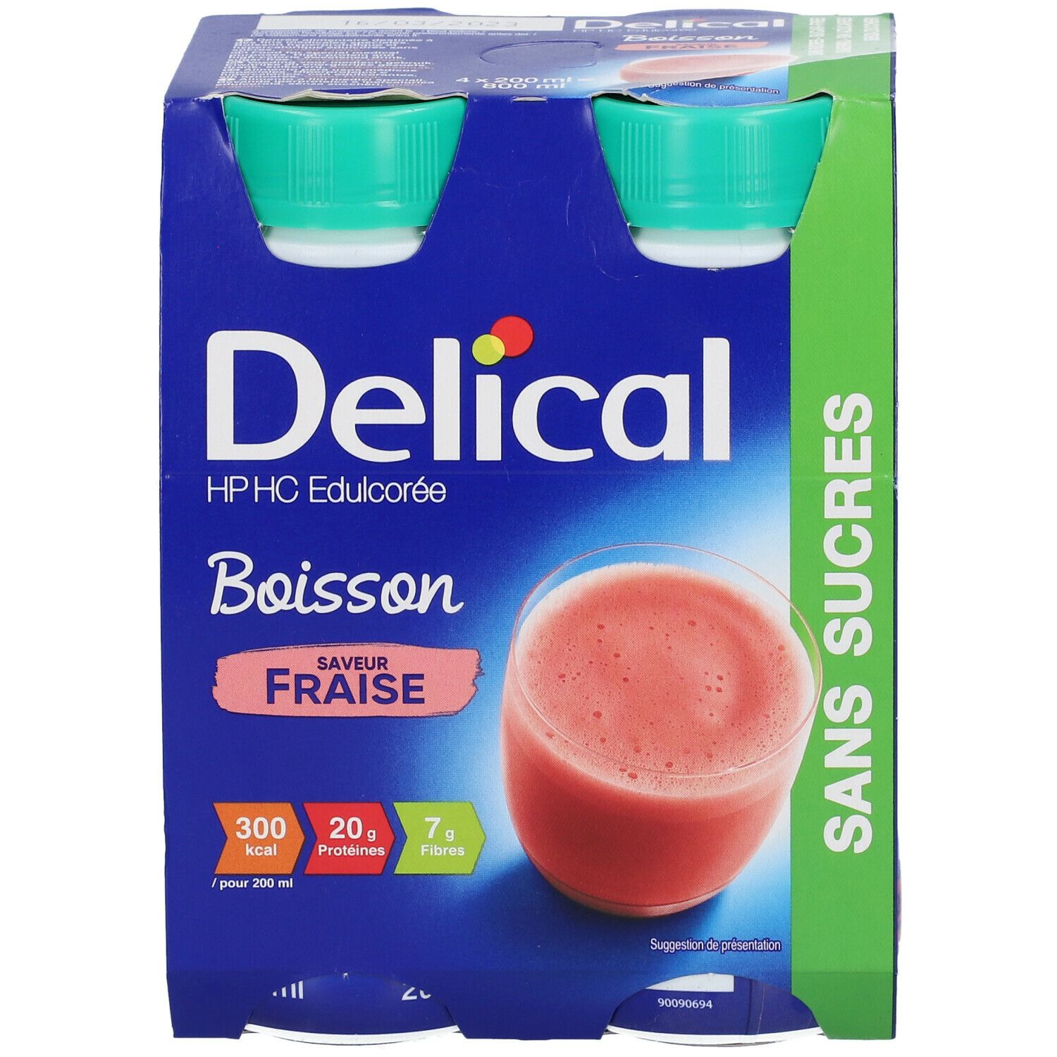Verpakking van vier flessen Delical HP-HC Edulcorée Fraise. Blauwe verpakking, groene doppen. Opschrift: 'Sans Sucres'.