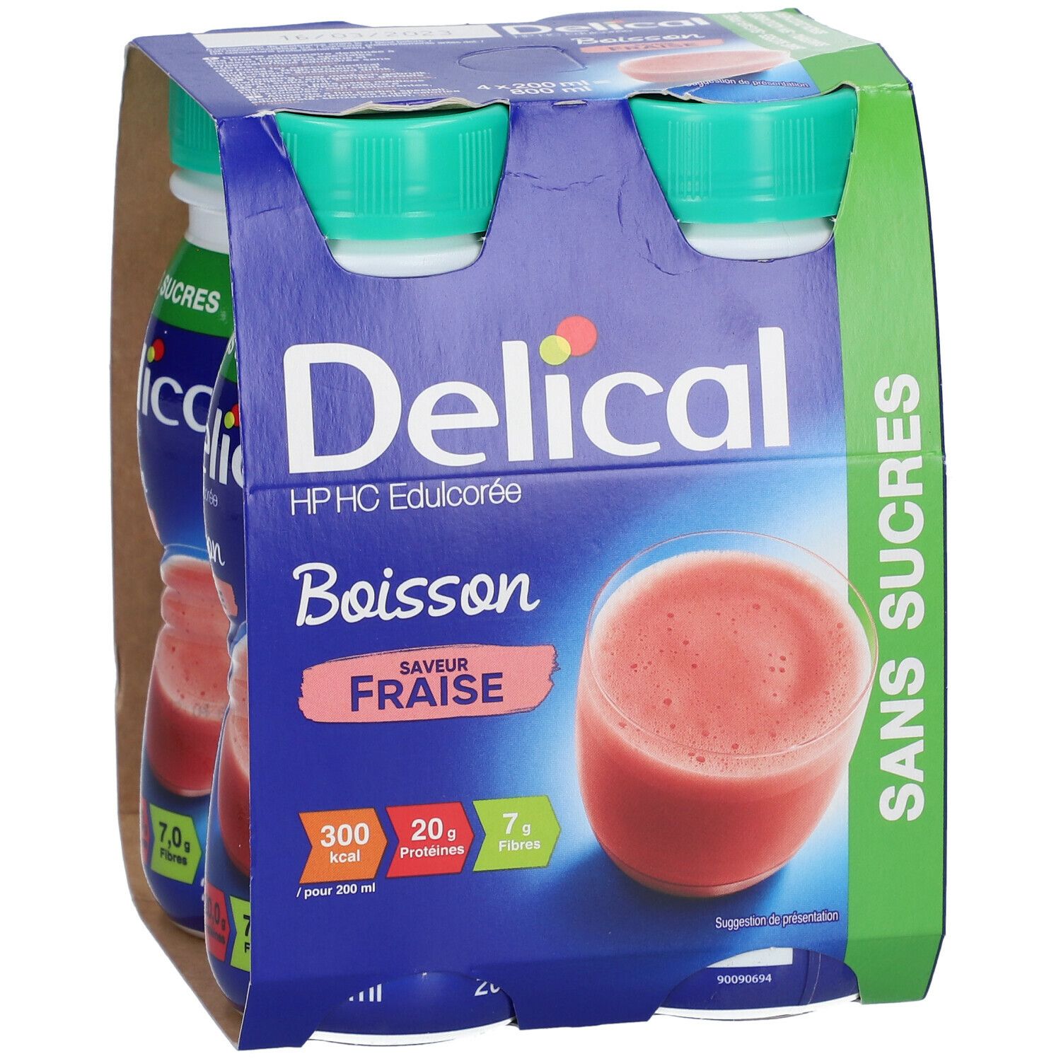 Verpakking van vier flessen Delical HP-HC Edulcorée Fraise. Blauwe verpakking, groene doppen. Opschrift: 'Sans Sucres'.