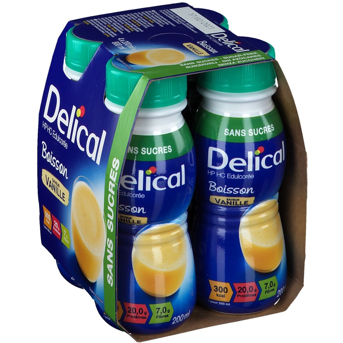 Emballage de 4 bouteilles Delical Boisson, saveur vanille, sans sucre. Inscriptions: 300 kcal, 20g protéines, 7g fibres.