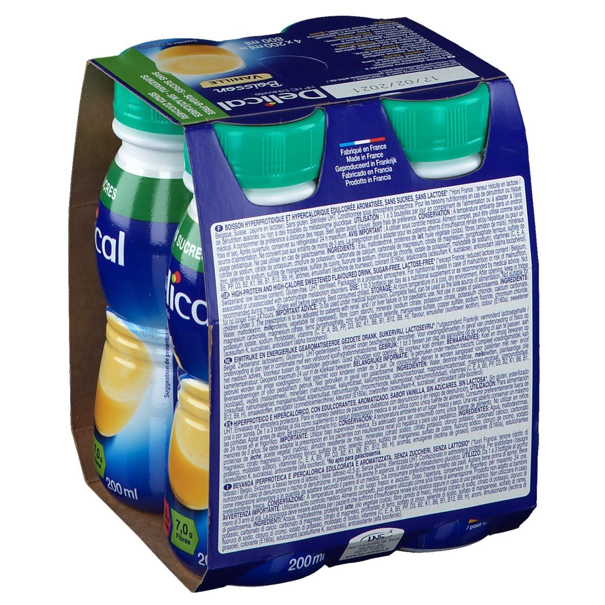 Emballage de 4 bouteilles Delical Boisson, saveur vanille, sans sucre. Dos avec texte. Inscriptions: 300 kcal, 20g protéines, 7g fibres.