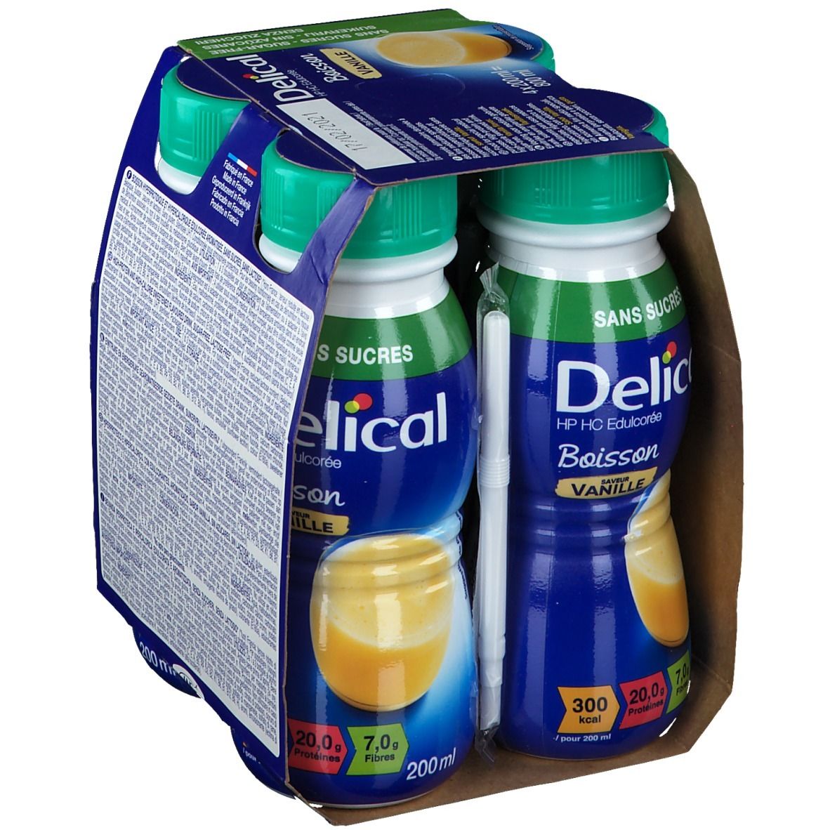 Emballage de 4 bouteilles Delical Boisson, saveur vanille, sans sucre. Dos avec texte. Inscriptions: 300 kcal, 20g protéines, 7g fibres.