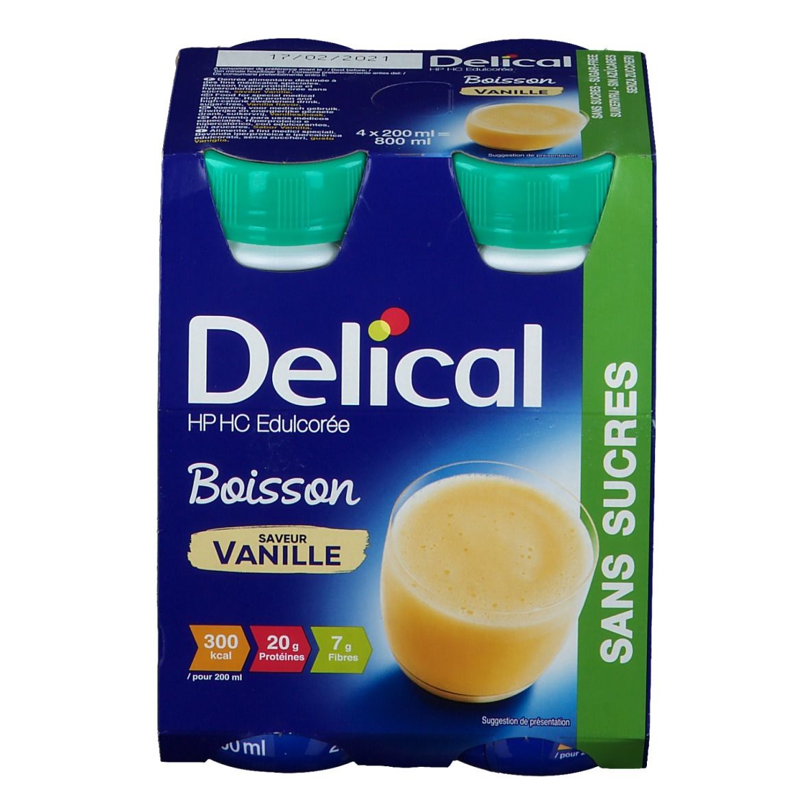 Emballage de 4 bouteilles Delical Boisson, saveur vanille, sans sucre. Inscriptions: 300 kcal, 20g protéines, 7g fibres.