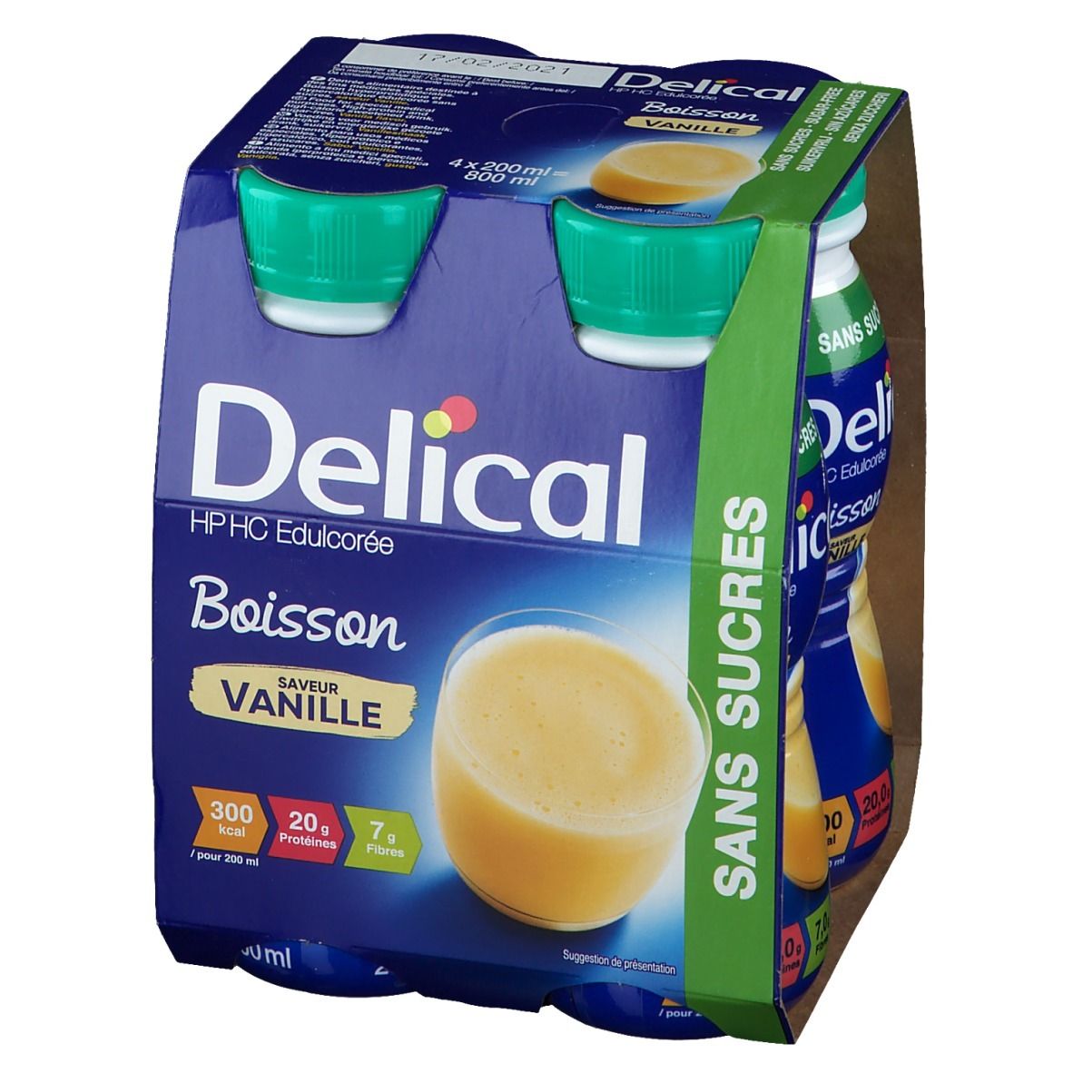 Emballage de 4 bouteilles Delical Boisson, saveur vanille, sans sucre. Inscriptions: 300 kcal, 20g protéines, 7g fibres.