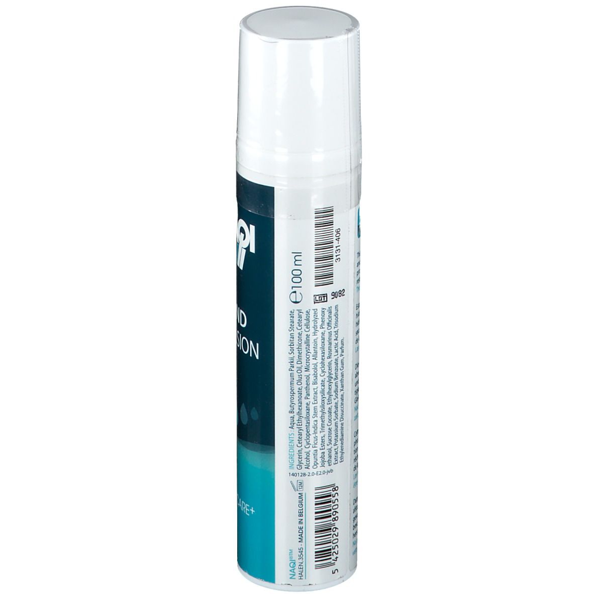 Flacon blanc avec inscription bleue. Inscription: NAQI, HAND EMULSION. Ingrédients et autres informations.