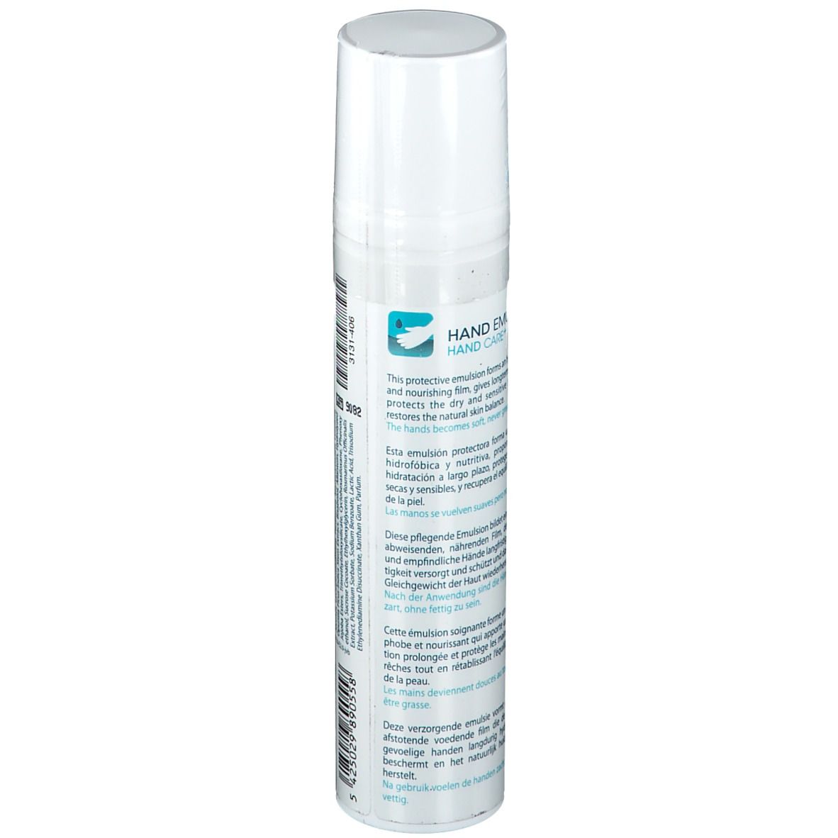 Flacon blanc avec inscription bleue. Texte en plusieurs langues. Description du produit et ingrédients.