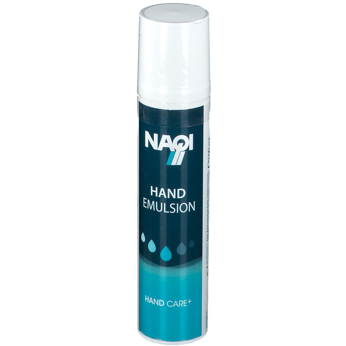 Flacon blanc avec étiquette bleue. Inscription: NAQI, HAND EMULSION, HAND CARE+.